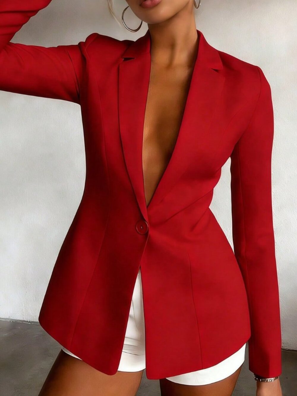 Red Elegant Women's Regular Shoulder Long Sleeve High Waisted Blazer Jacket